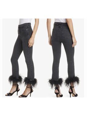 Veronica Beard Kareena Extra High Rise Ostrich Feather Jeans Sz 30 Fits 32”